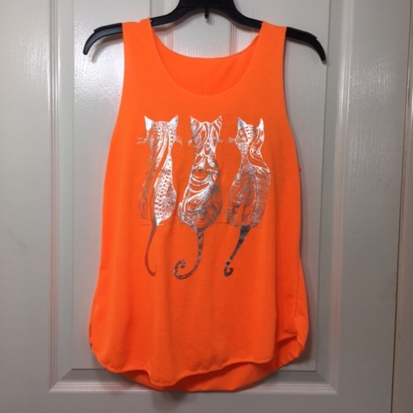 NWOT, Women Sleeveless Tank Top,100% Polyester, Orange, “3 x kitties” silkscreen - Picture 1 of 6